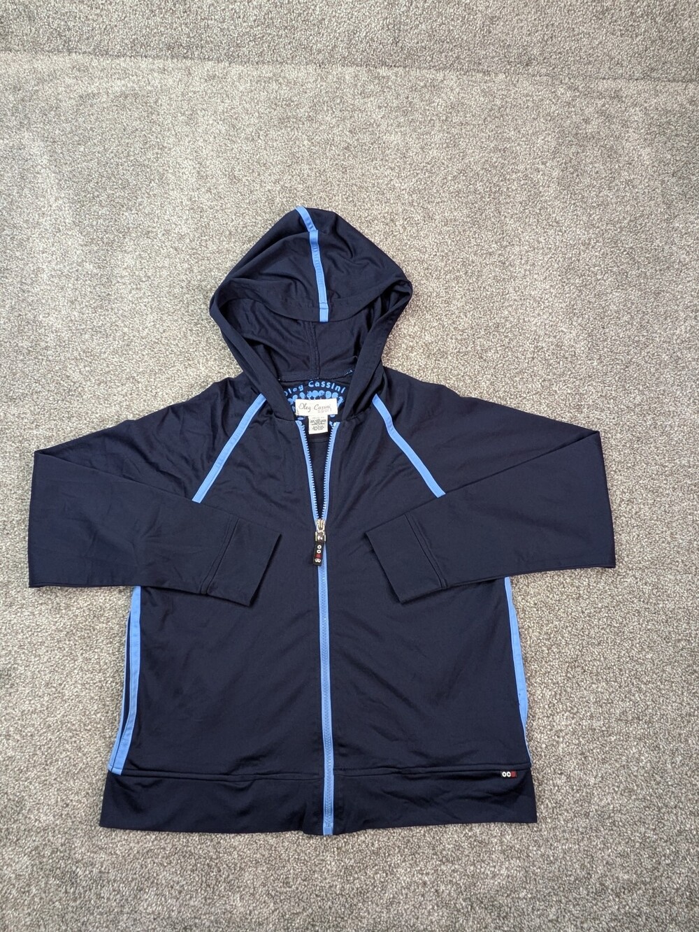 Vtg Oleg Cassini Track Jacket Womens M Blue Sport Zip Up Hooded Casual